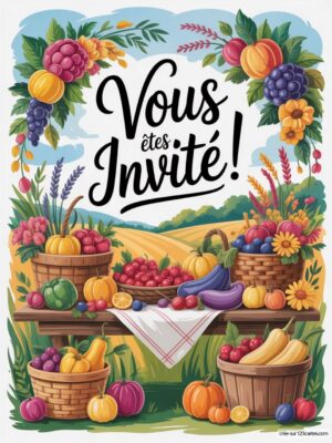 Invitation colorée avec des fruits en paniers, fleurs, et texte : Vous êtes invité! sur fond de paysage champêtre.