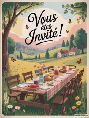 Invitation d'anniversaire illustrant une table à pique-nique en plein air, entourée de nature, avec des couleurs pastel et typographie élégante.