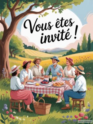 Invitation anniversaire : groupe de six personnes souriantes autour d'une table en plein air, entouré de nature, style joyeux et coloré.