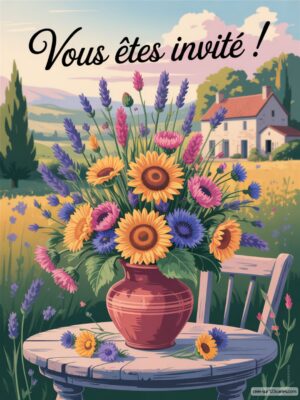 Invitation d'anniversaire avec un vase de fleurs colorées sur une table en bois, arrière-plan champêtre ensoleillé.