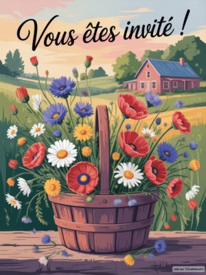 Invitation anniversaire avec un panier de fleurs colorées : pavots et marguerites en arrière-plan champêtre.
