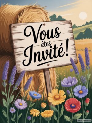 Invitation d'anniversaire : panneau en bois avec : Vous êtes invité! sur fond champêtre de fleurs colorées et paysage ensoleillé.
