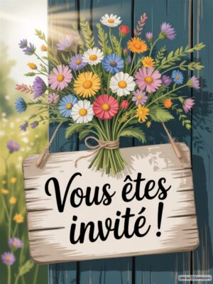 Invitation anniversaire avec un bouquet de fleurs colorées sur un panneau en bois, message : Vous êtes invité ! en typographie élégante.