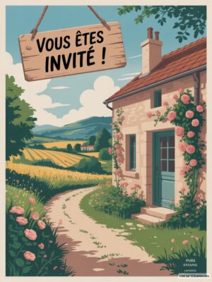 Invitation d'anniversaire : maison en campagne, fleurs roses, panneau : Vous êtes invité ! sur fond coloré et accueillant.