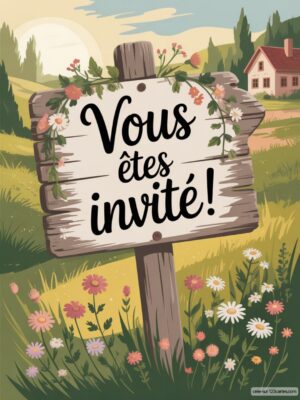 Pancarte en bois décorée de fleurs, texte : Vous êtes invité ! en typographie élégante, dans un paysage champêtre ensoleillé.