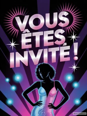 Invitation d'anniversaire disco, texte en gros caractères, silhouette de danseuse scintillante sur fond violet et bleu.