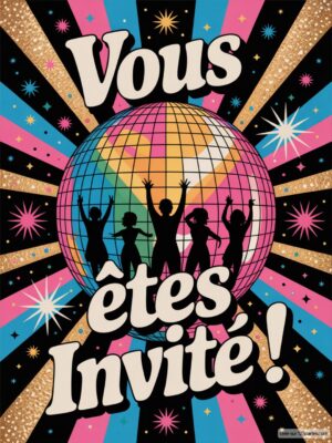 Invitation d'anniversaire avec un globe disco et silhouettes dansantes, fond noir avec étoiles roses et bleues.