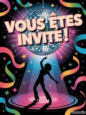 Invitation d'anniversaire avec une boule disco, une danseuse silhouette, fond coloré avec des confettis et des rubans.