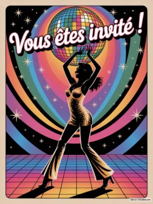 Invitation anniversaire colorée avec une silhouette de femme portant un pantalon pailleté, entourée d'une boule disco et d'arcs.