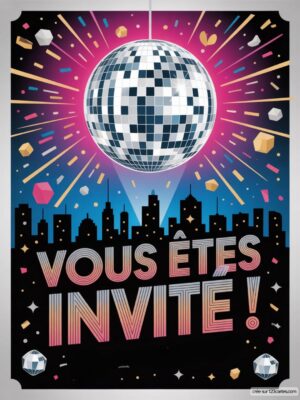 Invitation d'anniversaire avec une boule à facettes, des étoiles colorées, des silhouettes de ville.