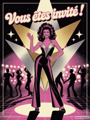 Femme en combinaison noire souriante sur fond de formes géométriques, entourée de silhouettes dansantes et de lumières.