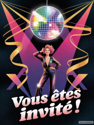 Femme élégante en combinaison noire, souriante sous une boule disco, avec des rubans dorés et un fond géométrique.