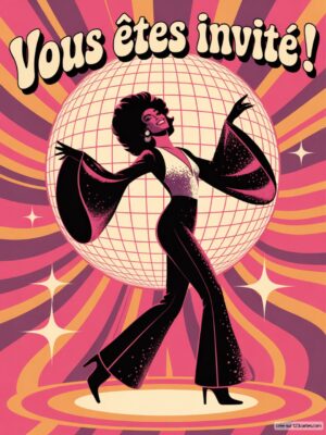 Une femme dansante avec un haut à manches bouffantes, devant un fond disco et une boule à facettes, exprimant la joie.