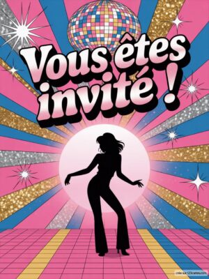 Invitation d'anniversaire colorée avec une silhouette dansante, disco doré, fond rose et rayures multicolores.
