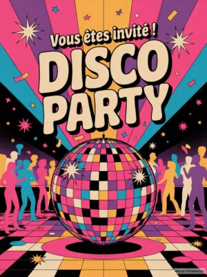 Invitation à une fête disco, avec un miroir disco coloré et des silhouettes dans des teintes vives de rose, bleu et noir.