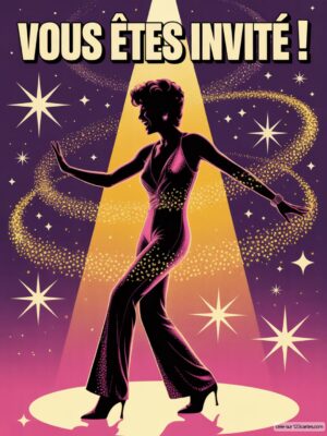 Silhouette d'une danseuse sous un projecteur, étoile brillante sur fond dégradé violet et rose.