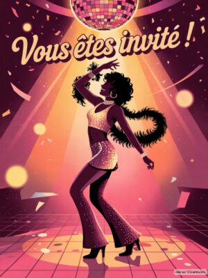 Invitation anniversaire avec une danseuse en tenue brillante, fond rose et violet, sphère disco en haut.