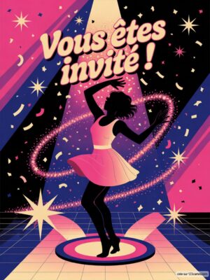 Silhouette d'une danseuse en robe rose sur fond noir, avec des étoiles et des confettis colorés.