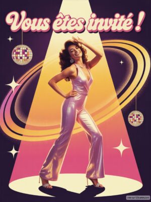 Invitation d'anniversaire : femme en combinaison argentée dans un halo lumineux, fond coloré avec boules disco et étoiles.