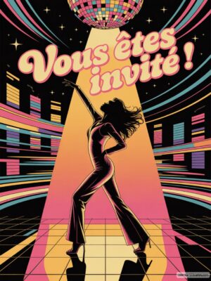 Invitation anniversaire avec une silhouette dansante, couleurs vives rose, jaune, bleu et une boule à facettes en haut.