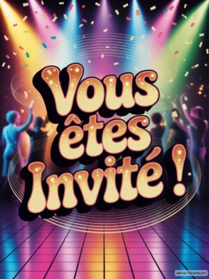 Un fond festif avec des lumières vives et des silhouettes dansantes, accompagné de confettis.