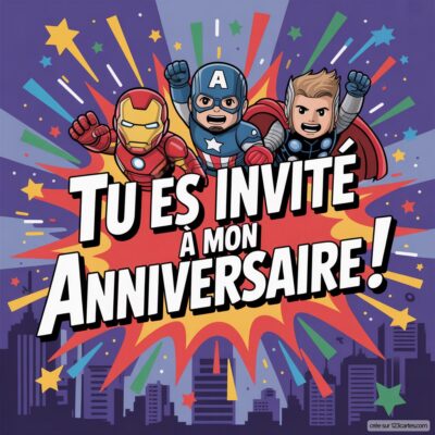 Invitation anniversaire virtuelle avec Iron Man, Captain America et Thor, entourés d'étoiles colorées et du texte Tu es invité à mon anniversaire !