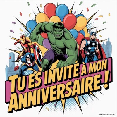 Invitation d'anniversaire virtuelle sur le thème Avengers, avec Hulk, Iron Man et Thor entourés de ballons colorés.