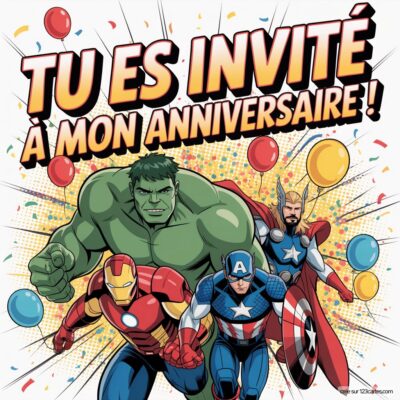 Invitation d'anniversaire virtuelle avec des super-héros : Hulk, Iron Man et Captain America sur fond festif aux couleurs vives.