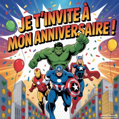 Invitation d'anniversaire virtuelle festive avec les héros Avengers, dont Hulk et Captain America, sur fond coloré et joyeux.