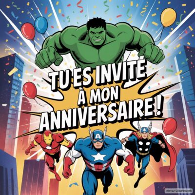 Invitation anniversaire virtuelle Avengers avec Hulk, Iron Man, Captain America et Thor. Texte : Tu es invité à mon anniversaire !
