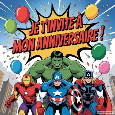 Invitation anniversaire virtuelle sur fond coloré avec Hulk, Iron Man, Captain America et Thor entourés de ballons.