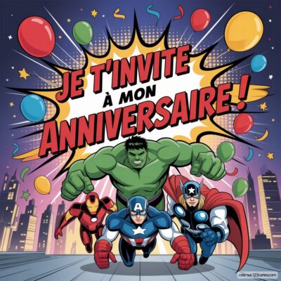 Invitation d'anniversaire virtuelle avec les Avengers, incluant Hulk, Captain America et Iron Man, entourés de ballons colorés.