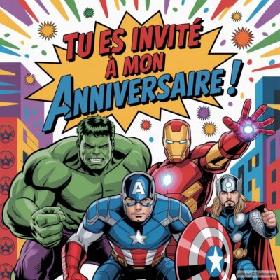 Invitation d'anniversaire virtuelle avec les Avengers : Hulk, Iron Man, Captain America et Thor, sur fond coloré et festif.