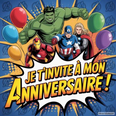 Invitation d'anniversaire virtuelle sur le thème des Avengers, avec Hulk, Captain America et Thor, entourés de ballons colorés.