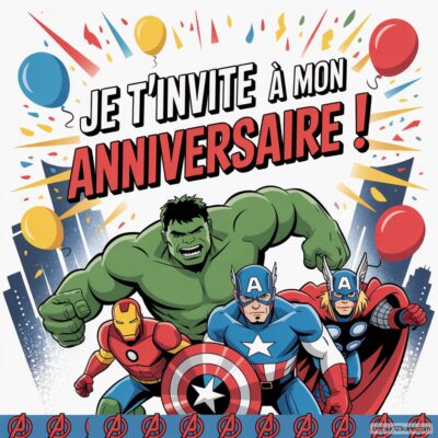Invitation d'anniversaire virtuelle avec Hulk, Captain America et Iron Man entourés de ballons colorés et de confettis.
