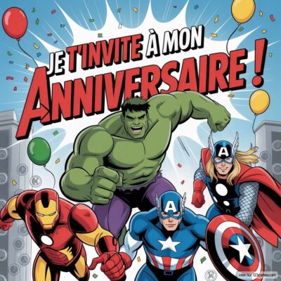Invitation d'anniversaire virtuelle avec les Avengers : Hulk, Iron Man, Captain America et Thor entourés de ballons colorés.