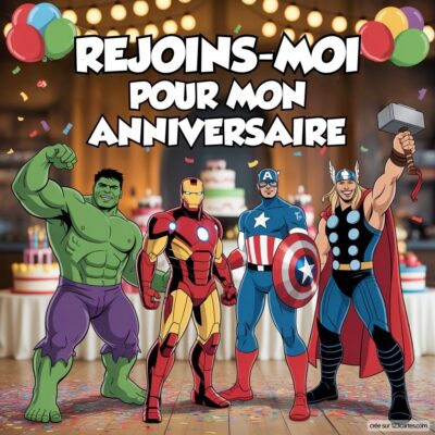 Quatre super-héros des Avengers (Hulk, Iron Man, Captain America et Thor) invitent à une fête d'anniversaire festive.