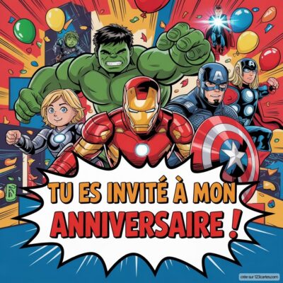Invitation d'anniversaire virtuelle sur le thème Avengers, avec des héros en costumes colorés et un message Tu es invité à mon anniversaire !