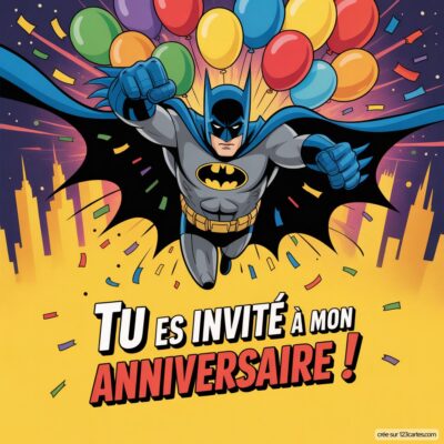 Batman en train de voler avec des ballons colorés, sur un fond festif, invite à son anniversaire.