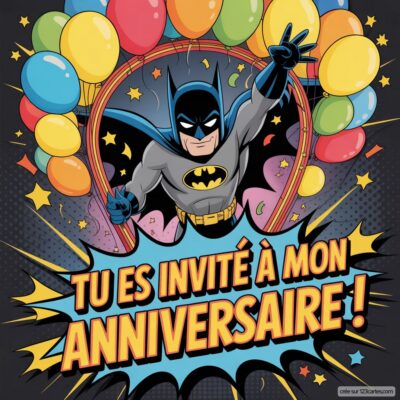 Invitation d'anniversaire virtuelle sur le thème Batman, avec le personnage en costume, entouré de ballons colorés.