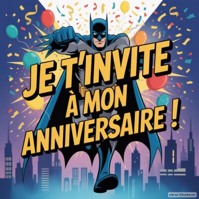 Batman, en action, invite à son anniversaire avec des ballons et des confettis en arrière-plan.