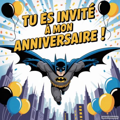 Invitation d'anniversaire virtuelle sur le thème Batman avec un super-héros volant, ballons et texte festif.