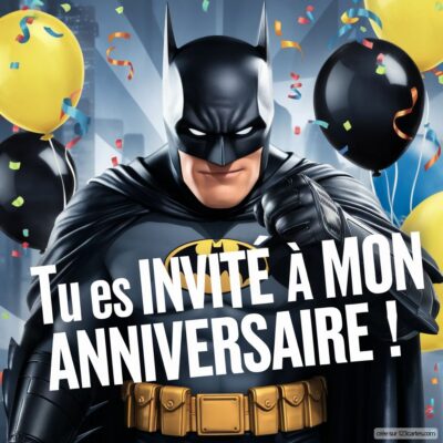 Invitation anniversaire Batman : le super-héros pose avec des ballons colorés et un texte amusant.