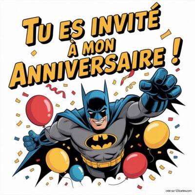 Batman invite à son anniversaire, entouré de ballons colorés et de confettis, avec le texte 'Tu es invité à mon anniversaire !'.