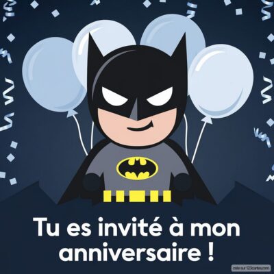 Invitation à un anniversaire virtuel sur le thème de Batman, avec un personnage de Batman et des ballons en arrière-plan.