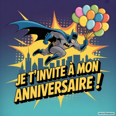Batman en plein vol, tenant des ballons colorés avec le message Je t'invite à mon anniversaire ! sur fond festif.