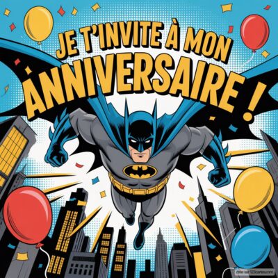 Invitation d'anniversaire virtuelle avec Batman en vol, entouré de ballons colorés et d'une ville animée en arrière-plan.