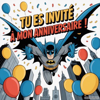 Invitation d'anniversaire virtuelle Batman avec le super-héros en plein vol, des ballons colorés et une ville en arrière-plan.