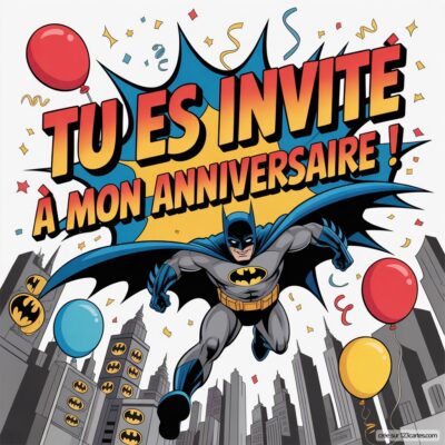 Invitation à un anniversaire sur le thème de Batman, avec le personnage en action, des ballons et des décors de ville.