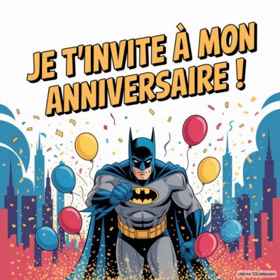 Invitation à un anniversaire virtuel Batman avec des ballons colorés et des confettis, en plein décor urbain.